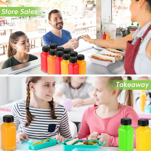 Vista 5 de Mifoci 24 botellas de plástico de 6.7 onzas con tapas, pequeños recipientes reutilizables para jugo con tapas, recipientes vacíos transparentes