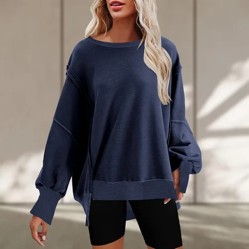 Vista 2 de Womens Oversized Casual Slit Y2K Pullover Top Crewneck Long Sleeve Corded Sweatshirts Fall Outfits 2023 Winter Clothes