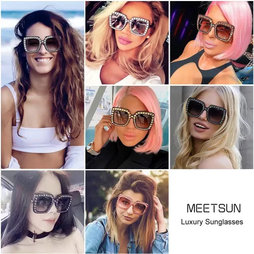 Vista 3 de MEETSUN Elton Square Rhinestone Sunglasses Oversized Bling for Women with Diamond Frames 70s Retro for Beach & Disco