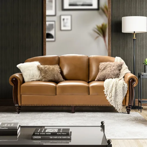 Vista 7 de HULALA HOME Sofá de cuero genuino de 3 plazas, sofá tradicional para sala de estar con patas de madera maciza talladas, color negro