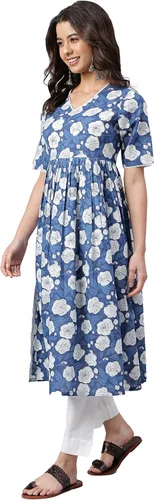 Vista 4 de Janasya Indian Women's Dark Blue Cotton Floral Print Flared Kurta