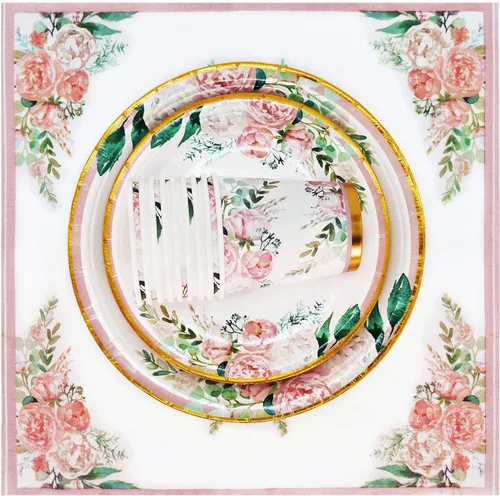 Vista 2 de Boosolo Suministros florales para fiestas, juegos de platos de papel y servilletas para 24 invitados, incluye platos de papel desechables florales