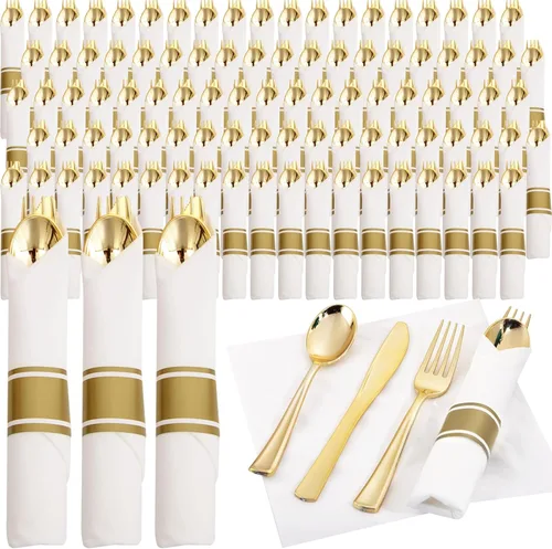 Vista 11 de Supernal Juego de 30 Cubiertos de Plástico Dorado Preenvueltos con Servilletas, Juego de Cubiertos de Plástico Envueltos, Utensilios Desechables