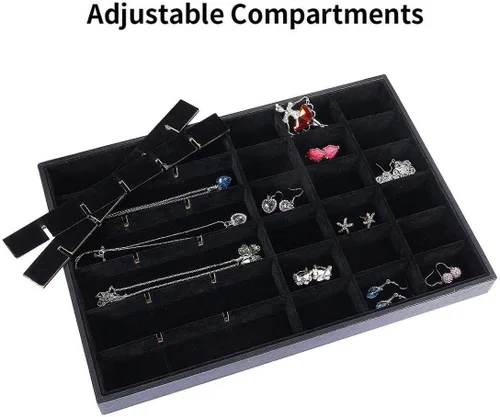 Vista 2 de Bandeja apilable de terciopelo negro con 36 compartimentos, organizador de exhibición, caja de almacenamiento rectangular, caja de almacenamiento