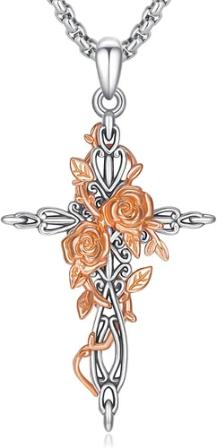 Vista 8 de Collar de cruz de plata de ley 925 con colgante de cruz rosa para mujer (collar de cruz de rosa A)