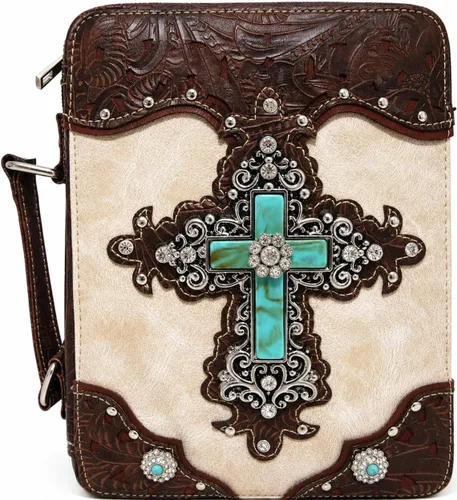 Vista 9 de Funda de la Biblia con versículo bordado de estilo occidental para mujer, bolsa de mensajero con correa extra Turquoise Cross, Full-Zip Protection