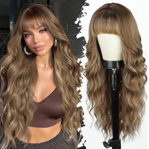 Vista 12 de Lativ Peluca castaña con flequillo para mujer, larga, ondulada, sintética Beginner Friendly,Natural Looking,Silky Smooth Texture,Heat Resistant