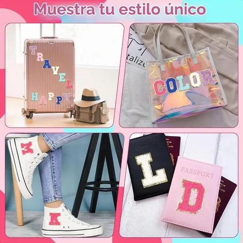 Vista 6 de 6 piezas de parches de letras de chenilla autoadhesivas con purpurina para planchar, parches de letras universitarias estilo preppy, letras difusas