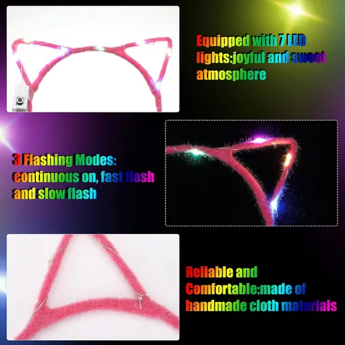 Vista 4 de 40 diademas LED con orejas de gato para mujeres, niñas, adultos, niños, cumpleaños, festival, concierto, fiesta, disfraces, accesorios