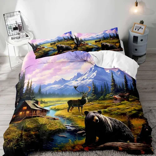 Vista 13 de LUVIVIHOME Juego de funda de edredón de 2 piezas, diseño de oso y alce, ciervo, ciervo, ropa de cama de cabaña, ropa de cama rústica de granja