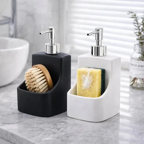 Vista 7 de Dispensador de jabón 2 en 1 con soporte para esponja, dispensador de jabón de cocina de cerámica con organizador integrado, organizador de fregadero