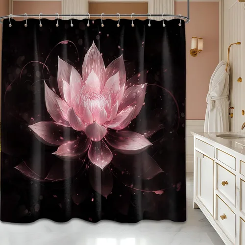Vista 19 de Cortina de ducha con flores de loto negro y azul para decoración de baño, juego de cortinas decorativas de baño con estampado floral, tela