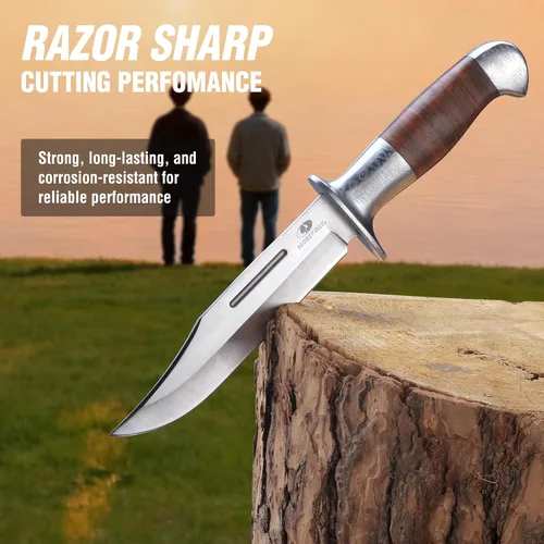 Vista 5 de Mossy Oak Cuchillo Bowie de hoja fija, cuchillo de caza de 2 piezas con mango de cuero con patrón láser, funda incluida