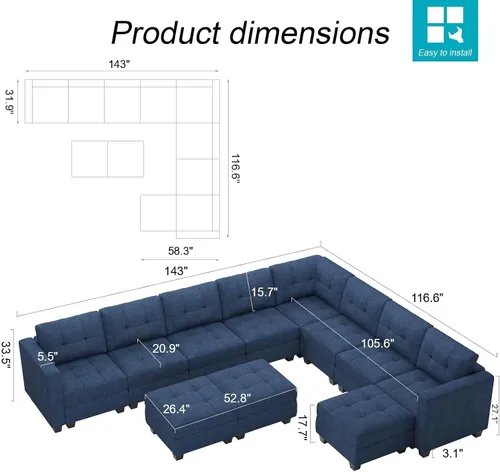 Vista 2 de Belffin Sofá modular de gran tamaño con otomanas de almacenamiento, sofá seccional en forma de U con diván reversible, color azul