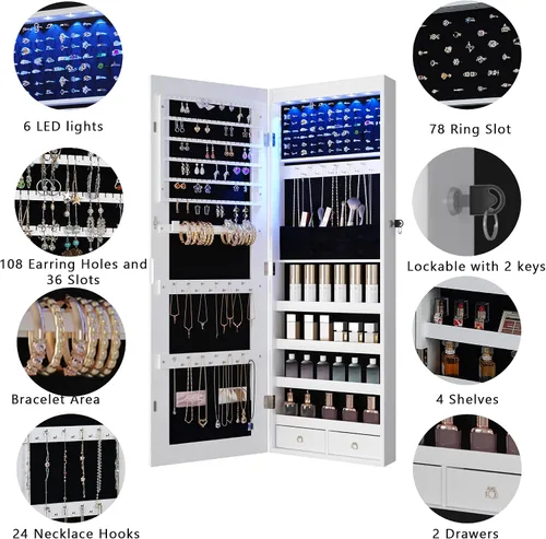 Vista 2 de HNEBC Organizador de joyas montado en la pared con 6 luces LED armario de joyería con espejo armario de joyería de espejo de longitud completa