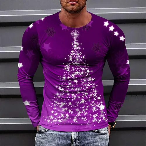 Vista 7 de Camisetas para hombre, diseño gráfico de Navidad, de manga larga, ajuste muscular, para gimnasio, entrenamiento, camiseta casual con cuello redondo