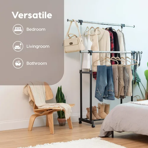 Vista 4 de IRIS USA Perchero portátil de doble barra ajustable con barra extensible y ruedas con bloqueo, ropa rodante, armario de doble barra, fácil
