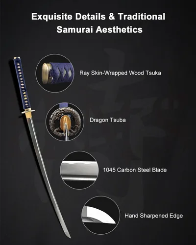 Vista 3 de Katana Samurai - Espada para exhibición, forjada a mano, acero al carbono