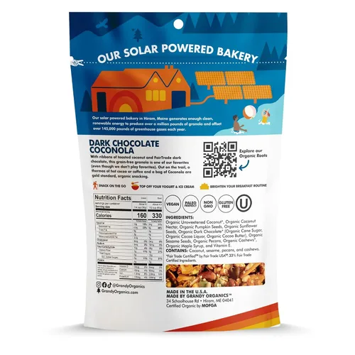 Vista 8 de Grandy Organics Chocolate oscuro y coconola - Granola orgánica certificada sin cereales - 0.27 oz de proteína - Sin gluten, sin OMG, vegano y paleo
