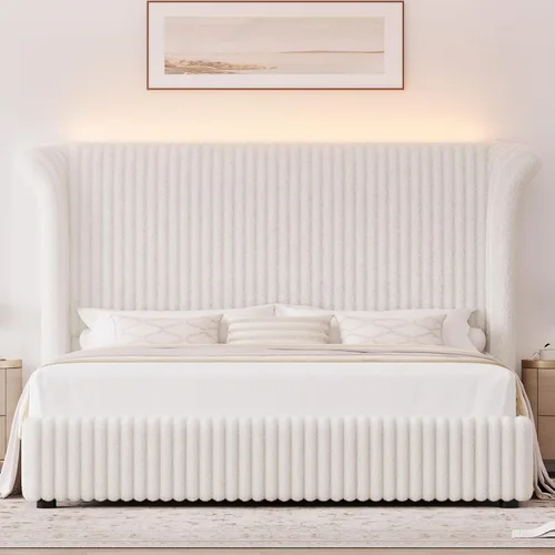 Vista 3 de Marco de Cama Queen con Cabecera Alta Tipo Ala de Piel Sintética de 54", Cama Plataforma Tapizada con Luz LED, Base de Colchón con Soporte