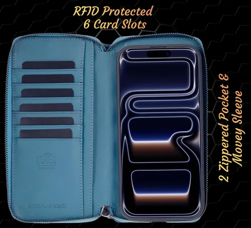 Vista 2 de Zippered Wallet Case for iPhone 18 Pro/17 Pro, RFID Protected 6 Card Slots Admiral Blue