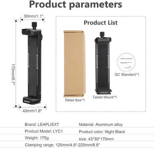 Vista 6 de Soporte para iPad de aleación de aluminio para trípode, compatible con iPad mini y tabletas de 5-8.8 pulgadas, tornillo de 1/4 pulgadas y liberación
