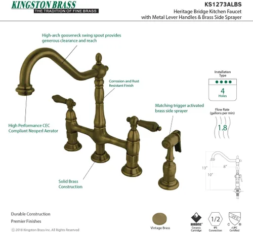 Vista 10 de Kingston Brass KS1273ALBS Heritage - Grifo de puente de cocina de 8 pulgadas con rociador de latón, latón antiguo