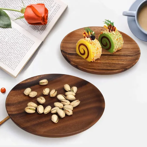 Vista 2 de Ayiaren 2 unidades de platos decorativos de madera de acacia para ensalada, tableros redondos de charcutería, aperitivo, postre, tabla de servir