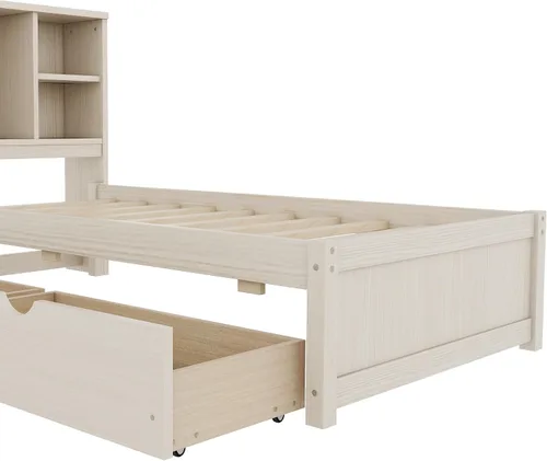 Vista 8 de SOFTSEA Twin Size Kids Bed Frame with Storage Drawers, Wood Platform Bed with Storage Headboard and Charging Station, No Box Spring Needed, Cream