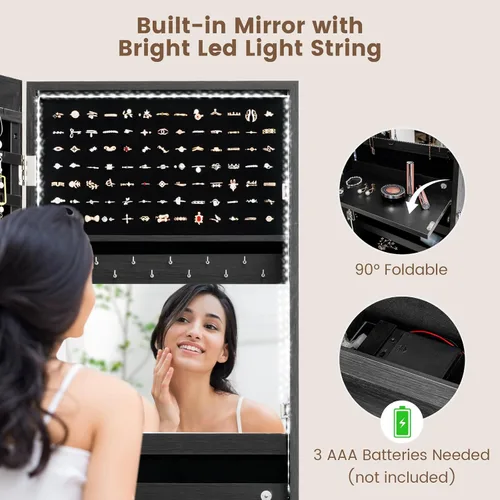Vista 4 de COSTWAY Armario de joyería con espejo LED, espejo de longitud completa con almacenamiento de joyas, organizador de joyas colgante con cerradura