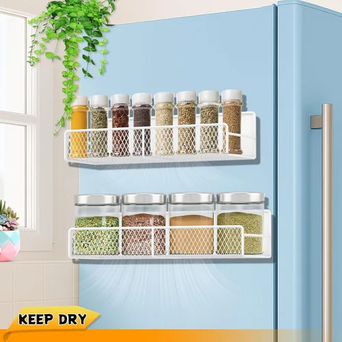 Vista 3 de Estante magnético para especias para refrigerador, paquete de 2 estantes magnéticos para refrigerador con 4 ganchos, estantes magnéticos negros