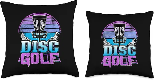 Vista 3 de Disc Golf Basket 90s Synthwave Sunset Retrowave Frisbee Golf Throw Pillow