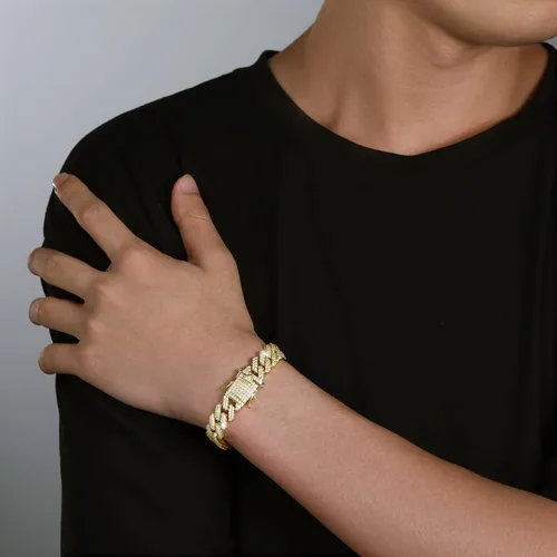 Vista 3 de Pulsera de eslabones cubanos de 0.394 pulgadas y 0.472 pulgadas para hombres y mujeres, chapado en platino de 14 quilates, pulseras de hip hop