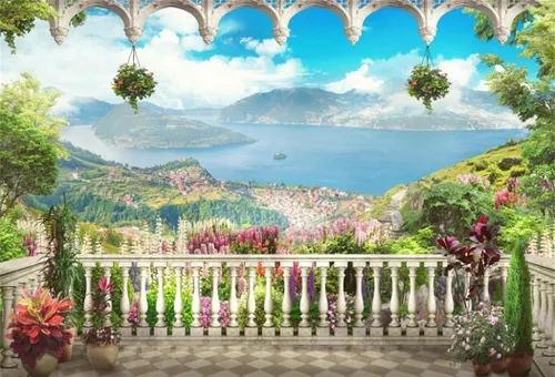 Vista 7 de AOFOTO Telón de fondo para terraza de jardín de 5 x 3 pies, hermoso paisaje de fotografía, fondo de fotografía para niños, niñas, retrato artístico