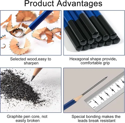 Vista 4 de Pro Pencils Juego de Dibujo y Bocetos de 14 piezas de Grafito (12B - 6H) Kit de Lápices Suaves Regalo Ideal para Arte de Dibujo, Bocetos, Sombreado