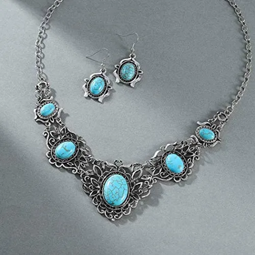 Vista 2 de Simsly Collar de turquesa barroco, collares de plata, cadena y aretes para mujeres y niñas, Cristal, Aleación.