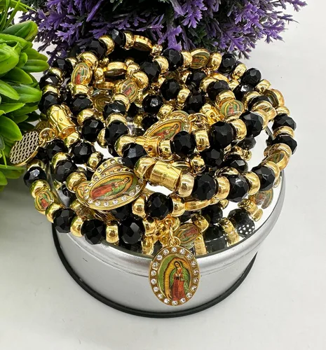 Vista 6 de RBN Pulsera de cuentas negras Virgen María con cuentas de protección de prosperidad buena suerte, pulsera de la Virgen María Color Negro Católica