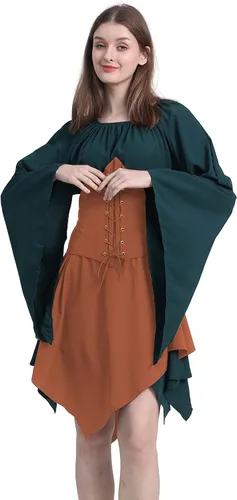 Vista 2 de QiaoPkeb Vestido renacentista para mujer, vestido victoriano, disfraz medieval para mujer, vestido corto irlandés tradicional