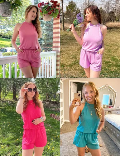 Vista 5 de MEROKEETY Overol de verano para mujer, con cuello halter, cintura elástica, color sólido, con bolsillos