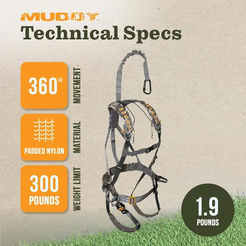 Vista 3 de Muddy Hunting Tree Stand Safety Systems Lightweight Padded Nylon Whitetail Deer Quick-Release Ambush Optifade Elevated II Harness