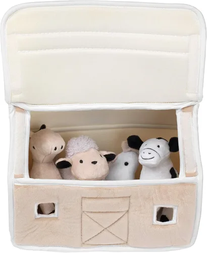 Vista 4 de Lambs & Ivy Granja de bebé de peluche con 4 juguetes de animales de peluche - Taupe/Gris/Blanco