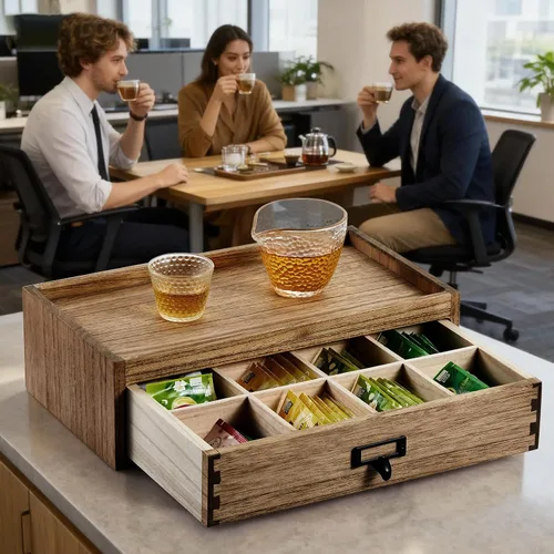 Vista 7 de KIRIGEN Caja de almacenamiento de té de madera maciza de Paulownia con 8 compartimentos, gabinete de té de madera hecho a mano con mango de metal