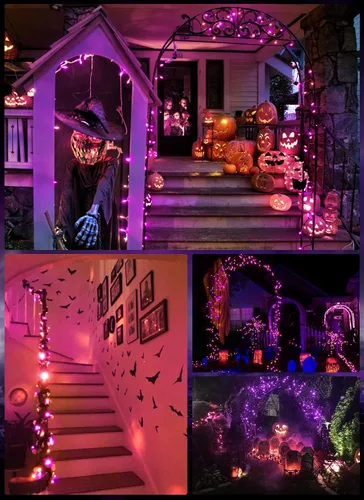 Vista 6 de Luces de Halloween naranja púrpura para exteriores, 17.8 pies, 50 luces LED de Navidad con 8 modos, mini tira de luces impermeables a pilas para uso