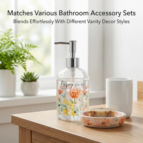 Vista 5 de Topadorn Dispensador de jabón de vidrio de 17 onzas con bomba, impresión floral de acuarela Enjoy the Day, botella líquida recargable para cocina