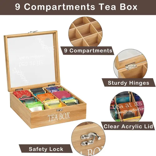Vista 6 de Caja de té, almacenamiento de bolsas de té, organizador de bolsas de té de bambú, baúl moderno con 9 compartimentos y cubierta transparente