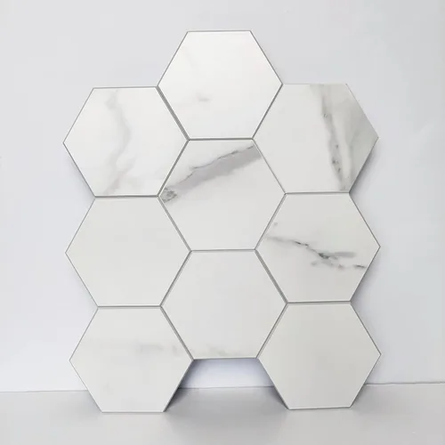 Vista 10 de COLAMO Azulejos hexagonales de piedra de Carrara blanca sintética para salpicaduras de cocina, azulejos adhesivos para decoración interior, mosaico