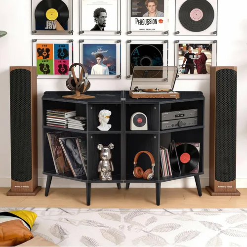 Vista 7 de Soporte esquinero para tocadiscos con estación de carga y puertos USB, gabinete de almacenamiento de discos de vinilo moderno de 3 niveles