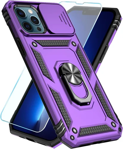 Vista 22 de SunStory Funda compatible con iPhone 12 Pro Max con protector de pantalla HD, cubierta de cámara deslizante y soporte de anillo giratorio