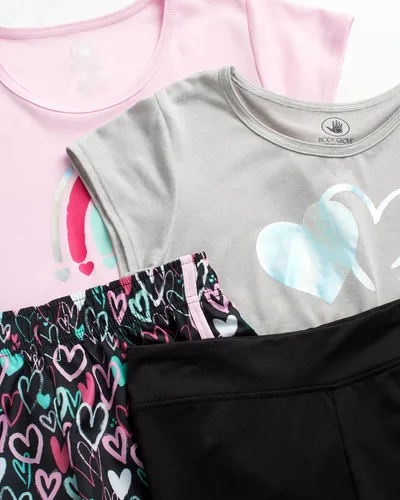 Vista 2 de Body Glove Conjunto de pantalones cortos activos para niña, camiseta de 4 piezas, camiseta sin mangas, pantalones cortos para bicicleta, leggings
