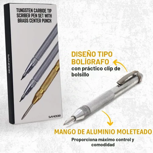 Vista 5 de SANDOR Paquete de 2 rotuladores de punta de carburo de tungsteno, bolígrafo de grabado de aluminio con punzón central automático de latón